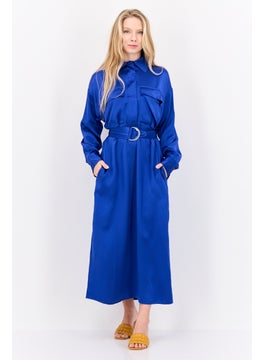 ESPRIT Women Satin Belt Detail Midi Dress, Blue  - Image 3