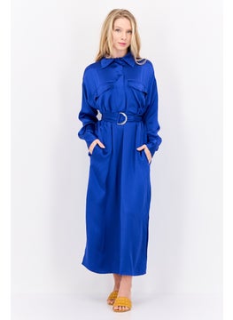 ESPRIT Women Satin Belt Detail Midi Dress, Blue  - Image 1