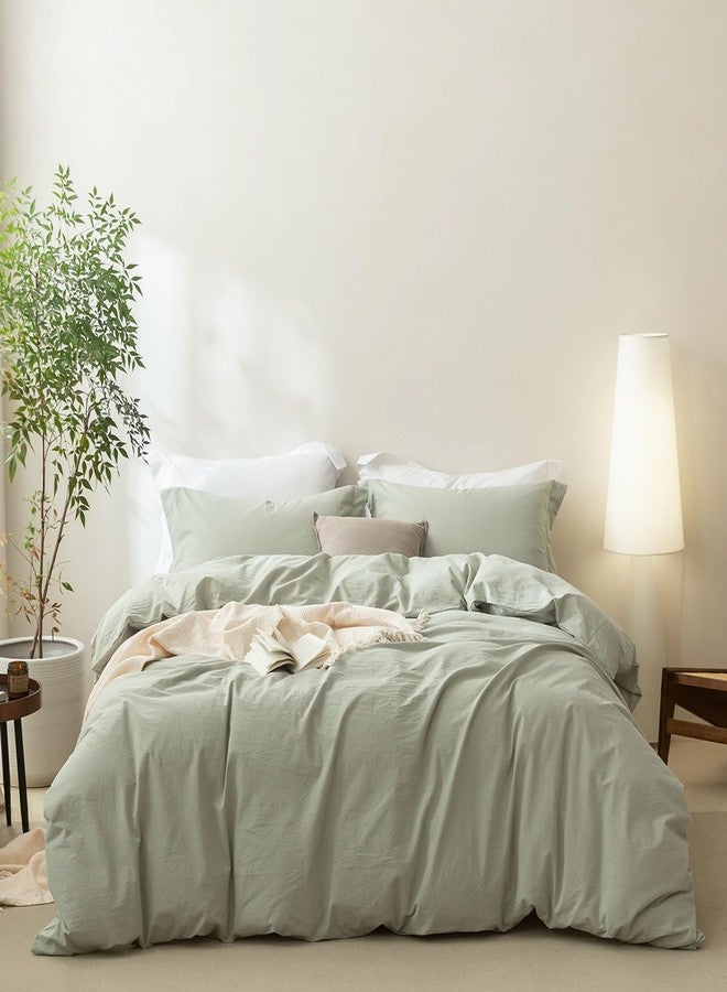BDEAR Linen Feel Duvet Cover Queen Size, 100% Washed Cotton Comforter Cover 90x90inch with Zipper Closure Plus 2 Pillowcases, Solid-Sage Green - Image 4