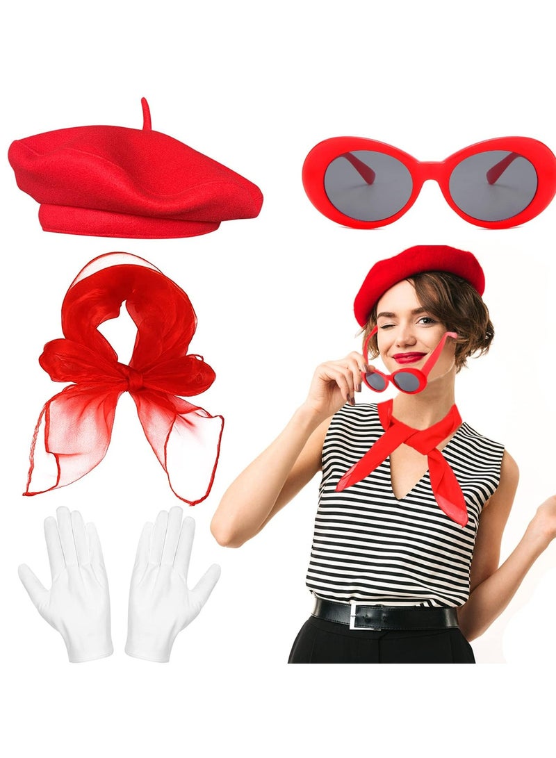 CMGTYYD French Women Fancy Dress Costume Accessories Set, 4 Pcs with Red Beret Scarf Sunglasses Gloves, 1950s Retro Costume Accessories Set for Women Girls Cosplay Party Supplies School Dress Up Day  - Image 1