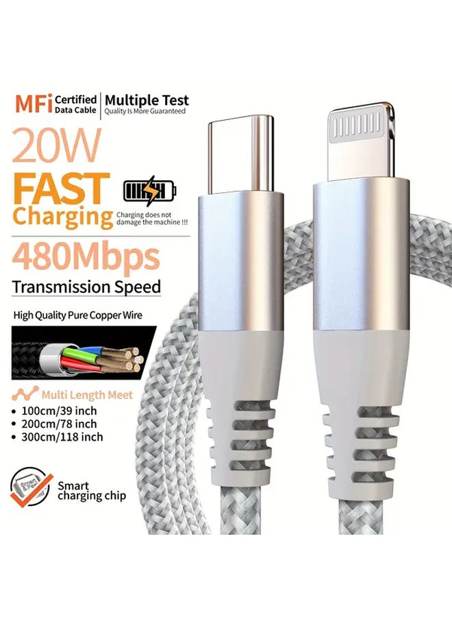 كابل USB C إلى Lightning للشحن السريع بطول 10 قدم، رمادي فضي، بقوة 20 واط لأجهزة آيفون - Image 2