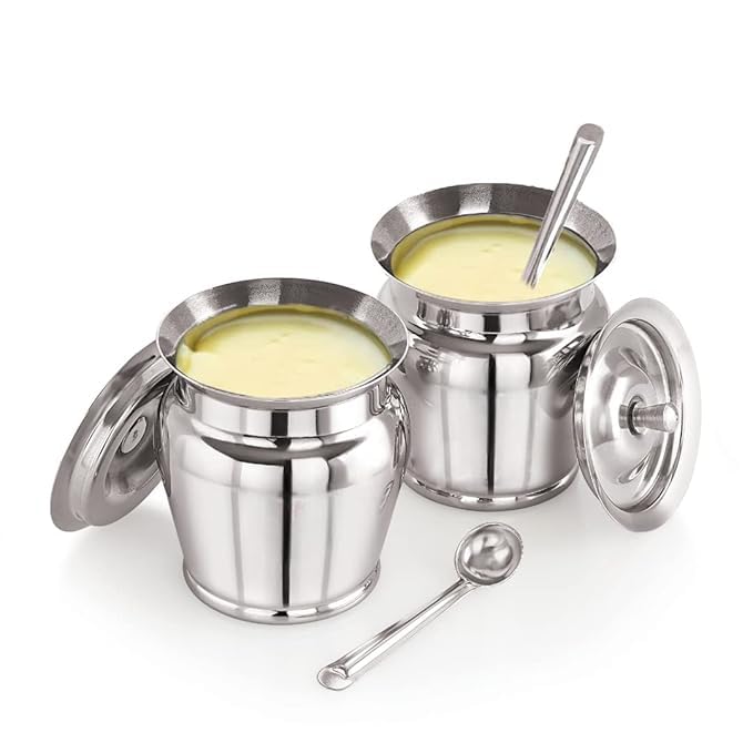 STEEPLE وعاء زبادي/سمن من الفولاذ المقاوم للصدأ ستيبل 400 مل لكل منهما، مجموعة من 2 | غطاء آمن وملعقة | حاوية تخزين متعددة الاستخدامات للزبادي والسمن | متينة ومقاومة للصدأ | أساسيات المطبخ، فضي - Image 3
