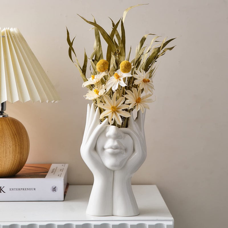 FJS Ceramic Face Vases White Flower Vases for Decor 35 W x 7 H Modern Decorative Vase Centerpiece for Table Shelf Living Room Office Bedroom