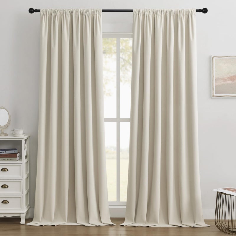 Joydeco Beige 100% Blackout Curtains 84 Inch Length 2 Panels Set  Black Out Curtain for Bedroom Living Room  Heavy Luxury Thermal Insulated Velvet Curtains Rod Pocket Back Tab  52W x 84L - Image 1