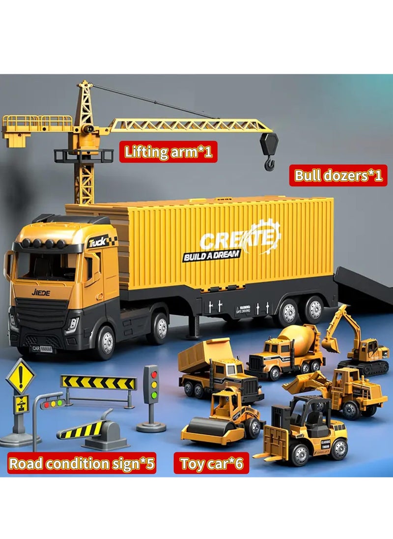 XiuWoo Construction Site Truck Toy Set, includes Container Truck, Tower Crane, Tractor, Dump Truck, Excavator, Concrete Truck, Road Signs Birthday Gift Toy for 3-6 Year Old Boys Kids Children  - Image 3