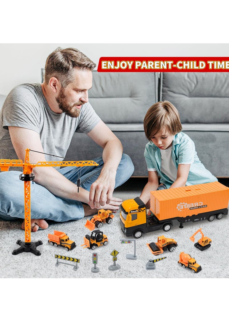 XiuWoo Construction Site Truck Toy Set, includes Container Truck, Tower Crane, Tractor, Dump Truck, Excavator, Concrete Truck, Road Signs Birthday Gift Toy for 3-6 Year Old Boys Kids Children  - Image 4