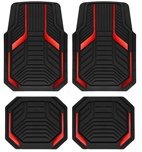 PIC AUTO Heavy Duty Rubber Floor Mats Red Aluminum Film Car Mats Set Front and Rear Car Mats with AntiSlip Backing All Weather Protection TrimtoFit for Automotive SUV Sedan Van
