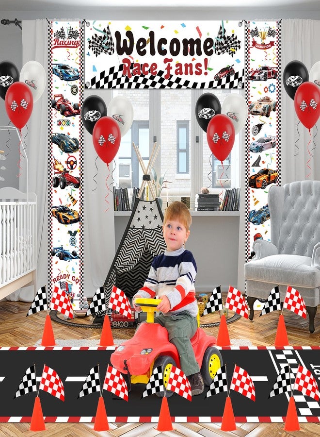 Ahier Race Car Birthday Party Decorations Set - Welcome Race Fans Banner Porch Sign, 12 Traffic Cones and 24 Racing Checkered Flags Party Supplies, 6.5Ft Racetrack Floor Runner, Balloons and Ribbons - Image 5