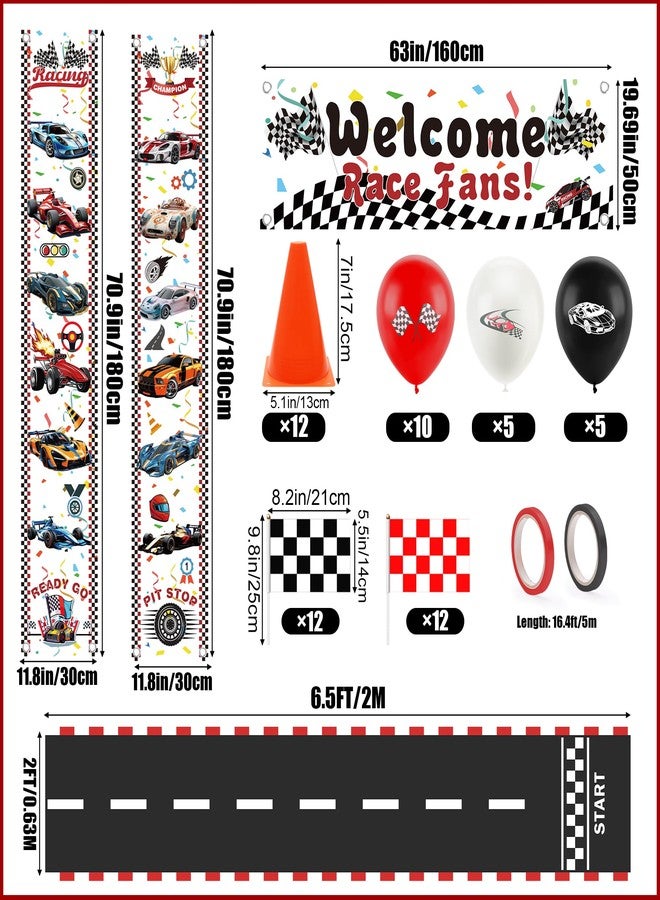 Ahier Race Car Birthday Party Decorations Set - Welcome Race Fans Banner Porch Sign, 12 Traffic Cones and 24 Racing Checkered Flags Party Supplies, 6.5Ft Racetrack Floor Runner, Balloons and Ribbons - Image 2