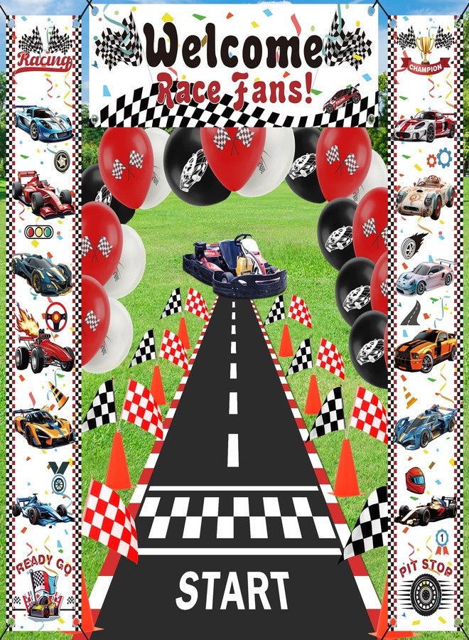 Ahier Race Car Birthday Party Decorations Set - Welcome Race Fans Banner Porch Sign, 12 Traffic Cones and 24 Racing Checkered Flags Party Supplies, 6.5Ft Racetrack Floor Runner, Balloons and Ribbons - Image 4