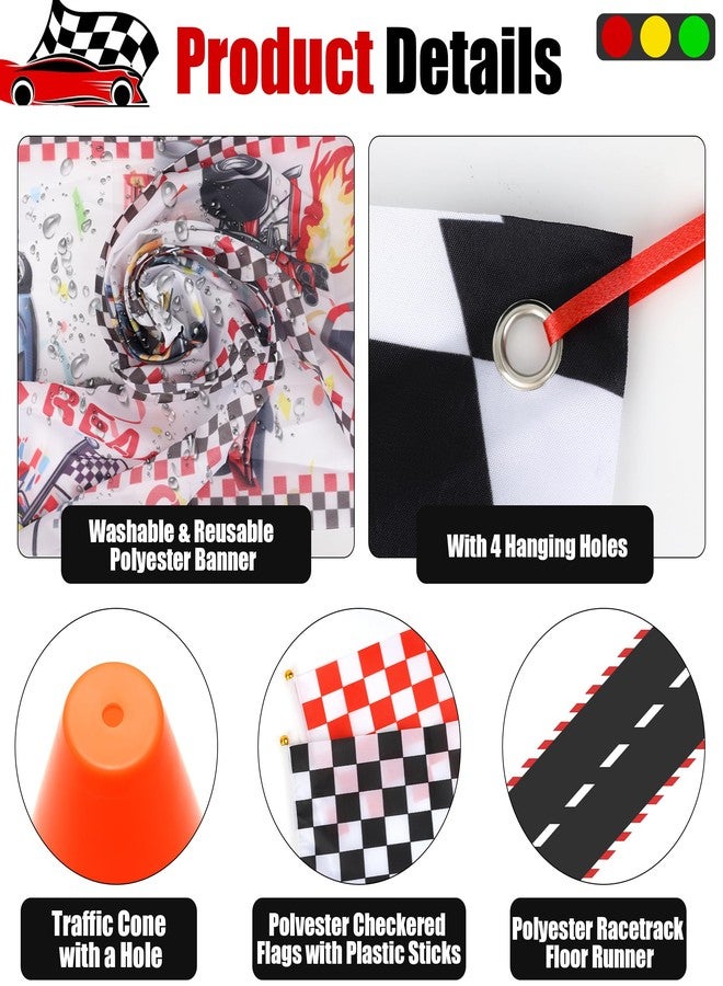 Ahier Race Car Birthday Party Decorations Set - Welcome Race Fans Banner Porch Sign, 12 Traffic Cones and 24 Racing Checkered Flags Party Supplies, 6.5Ft Racetrack Floor Runner, Balloons and Ribbons - Image 3
