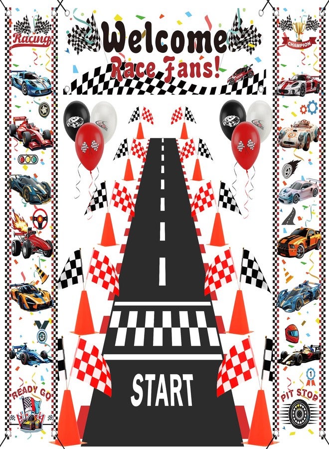 Ahier Race Car Birthday Party Decorations Set - Welcome Race Fans Banner Porch Sign, 12 Traffic Cones and 24 Racing Checkered Flags Party Supplies, 6.5Ft Racetrack Floor Runner, Balloons and Ribbons - Image 1