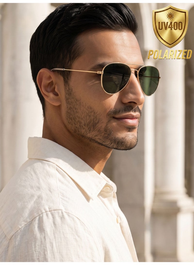 Polarized Oversized Pilot Sunglasses Unisex, Classic Metal Frame, UV400, Gold & G15 Green - Image 1