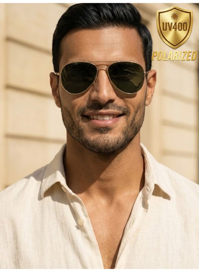 Polarized Oversized Pilot Sunglasses Unisex, Classic Metal Frame, UV400, Gold & G15 Green - Image 2