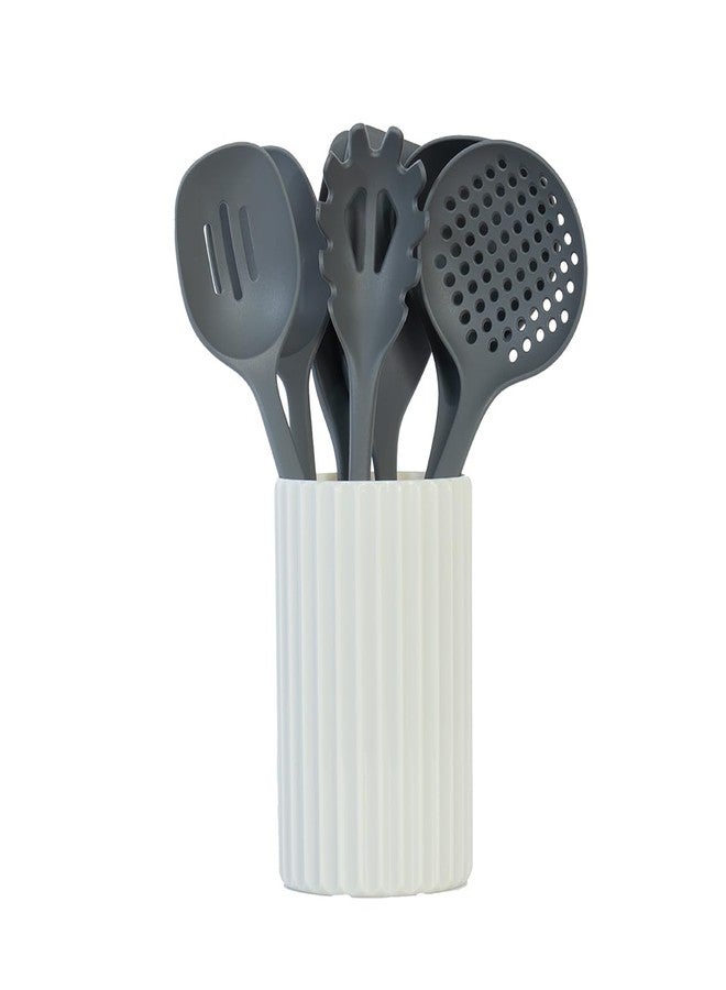 Glad Kitchen Utensils Set, 8pcs - Nonstick Cooking Tools with Utensil Holder - Nylon Spoon, Ladle, Skimmer, Spaghetti Server, and Turner Spatula Set - Dishwasher Safe, Grey - Image 1