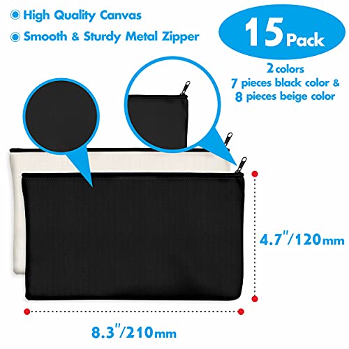 Vantasii 15 Pack Blank Cotton Canvas DIY Craft Zipper Bags Pouches Pencil Case for Makeup Cosmetic Toiletry Stationary Storage (Beige & Black 8.3” x 4.7”) - Image 3