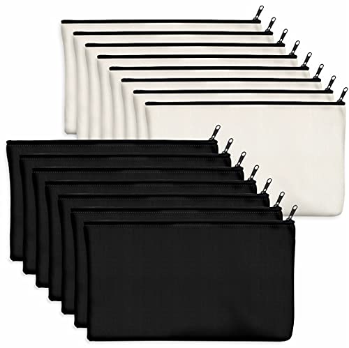 Vantasii 15 Pack Blank Cotton Canvas DIY Craft Zipper Bags Pouches Pencil Case for Makeup Cosmetic Toiletry Stationary Storage (Beige & Black 8.3” x 4.7”) - Image 1