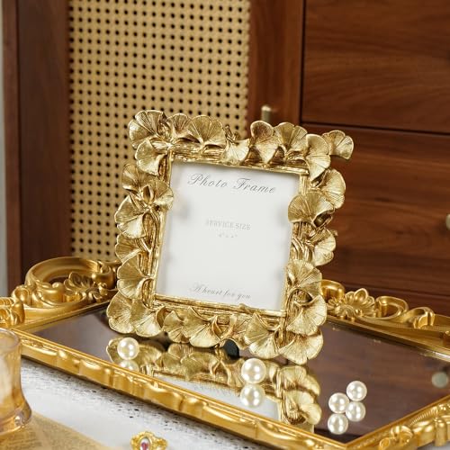 Cuspin Small Picture Frames 4x4 Square Frame Ornate Gold Vintage Picture Frame Leaf Textured HandCrafted Resin with Glass Front Antique Photo Frames for Tabletop Display Retro Design Home Decor - Image 3