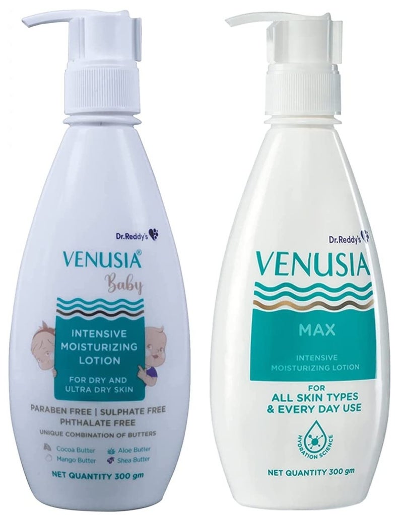 VENUSIA Dr. Reddy's Venusia Max Intensive Moisturizing Lotion (300ml) and Baby Intensive Moisturizing Lotion (300ml) | 24 hrs Moisturization | For Dry to Very Dry Skin | Cocoa Butter, Mango Butter and Aloe Butter - Image 1