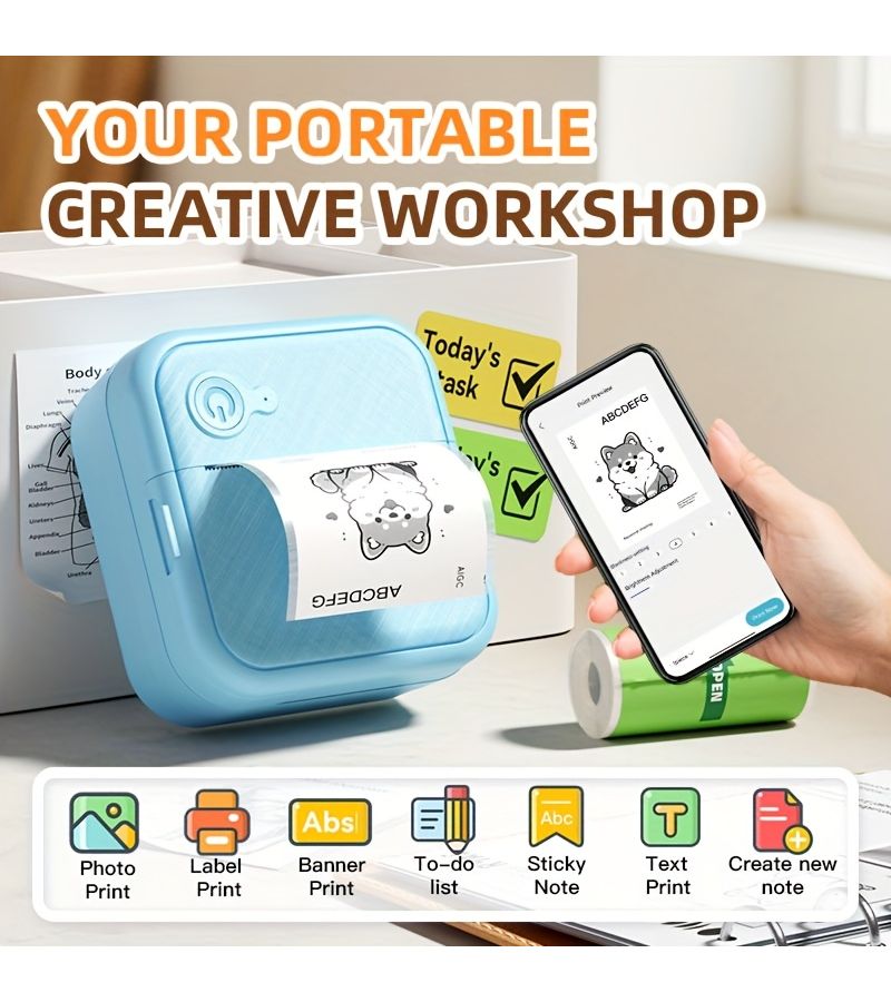 D8 White Multifunctional Wireless Portable Mini Thermal Label Printer Support Sticker Photo Text Printing Compatible With IOS Android Includes 1 Roll Paper 3 Rolls And 10 Rolls Adhesive Paper - Image 5