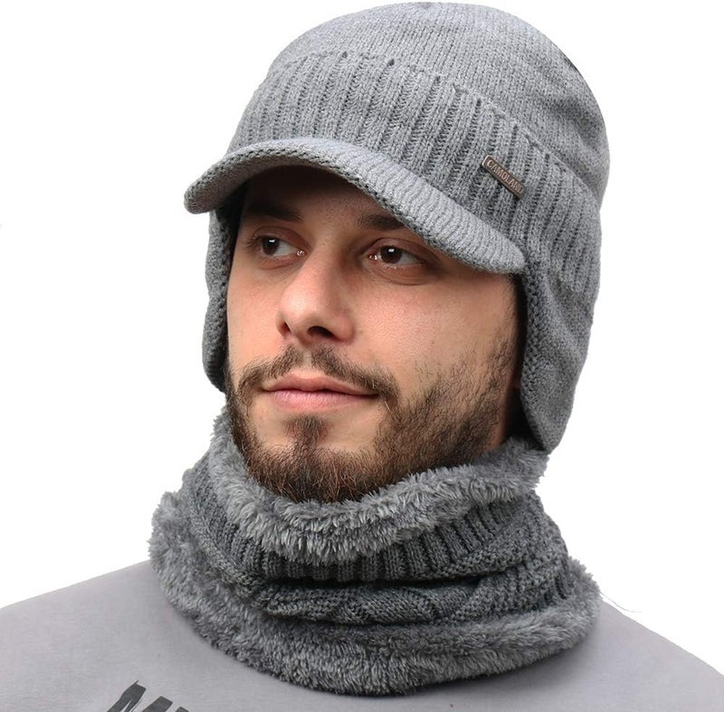 CAMOLAND Winter Beanie w/Visor & Earflaps for Men Outdoor Fleece Hat Scarf Set - Image 1