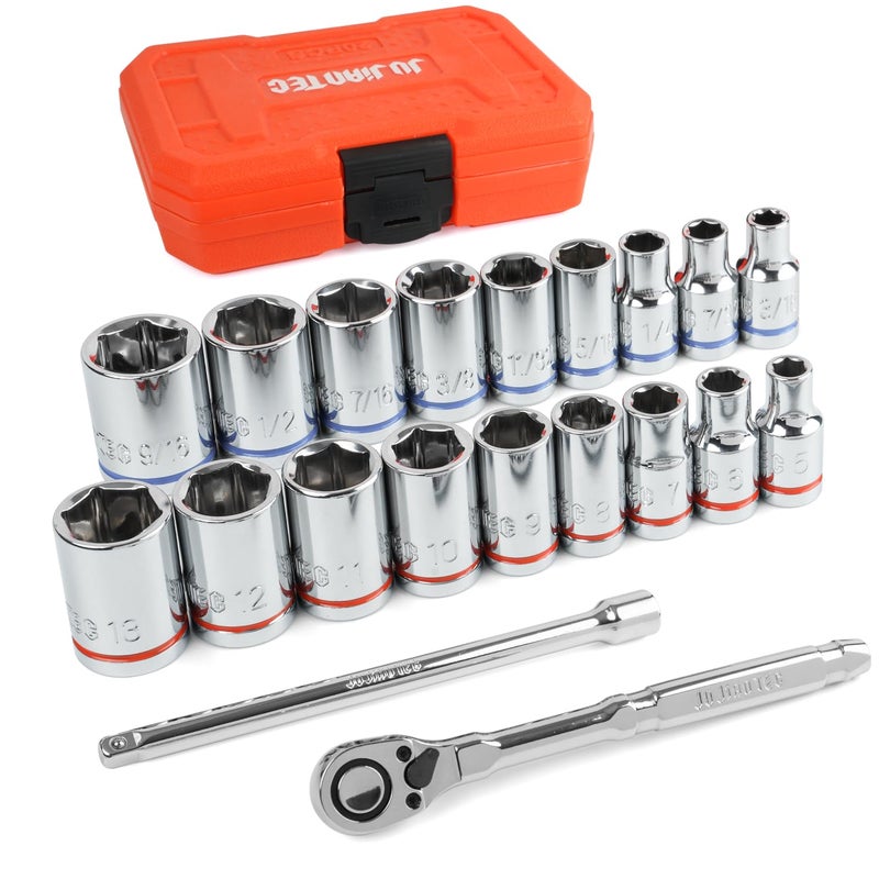 JU JIAN TEC 20Piece 14 Drive Shallow Socket Set SAEMetric 316916 5mm13mm with Ratchet Extension Bar Premium Chrome Vanadium Steel 6Point with Molded Case - Image 2