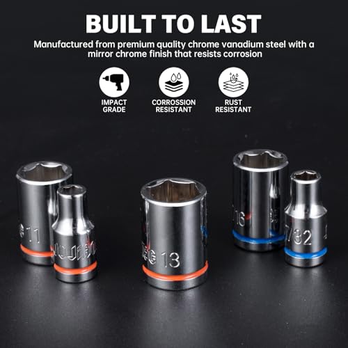 JU JIAN TEC 20Piece 14 Drive Shallow Socket Set SAEMetric 316916 5mm13mm with Ratchet Extension Bar Premium Chrome Vanadium Steel 6Point with Molded Case - Image 3
