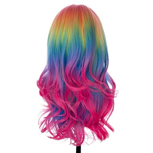 BERON Women Rainbow Wig Long Colorful Wavy Curly Wig for Girls Adult Multi Color Wigs for Cosplay Party Multicolor Wigs with Cap - Image 4