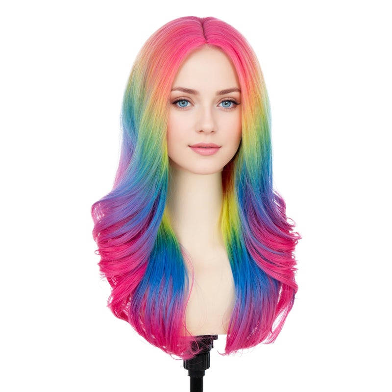 BERON Women Rainbow Wig Long Colorful Wavy Curly Wig for Girls Adult Multi Color Wigs for Cosplay Party Multicolor Wigs with Cap - Image 5