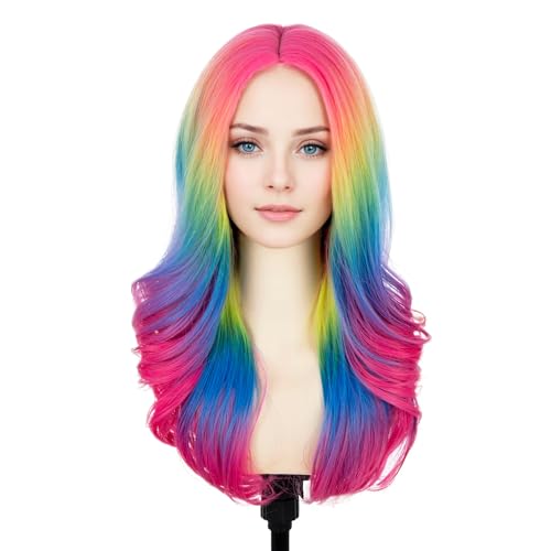 BERON Women Rainbow Wig Long Colorful Wavy Curly Wig for Girls Adult Multi Color Wigs for Cosplay Party Multicolor Wigs with Cap - Image 2