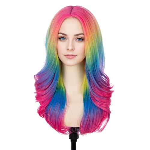 BERON Women Rainbow Wig Long Colorful Wavy Curly Wig for Girls Adult Multi Color Wigs for Cosplay Party Multicolor Wigs with Cap - Image 3