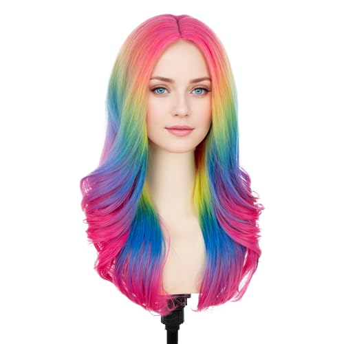 BERON Women Rainbow Wig Long Colorful Wavy Curly Wig for Girls Adult Multi Color Wigs for Cosplay Party Multicolor Wigs with Cap - Image 1