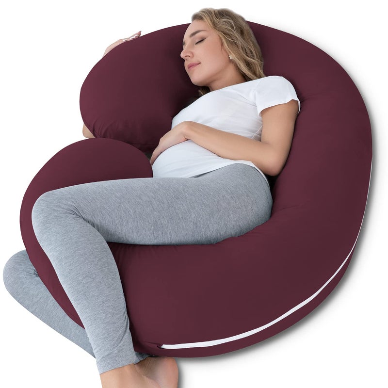 INSEN Pregnancy Pillow Maternity Body Pillow with Velvet Cover C Shaped for Side Sleeping Cooling TencelRed Plum