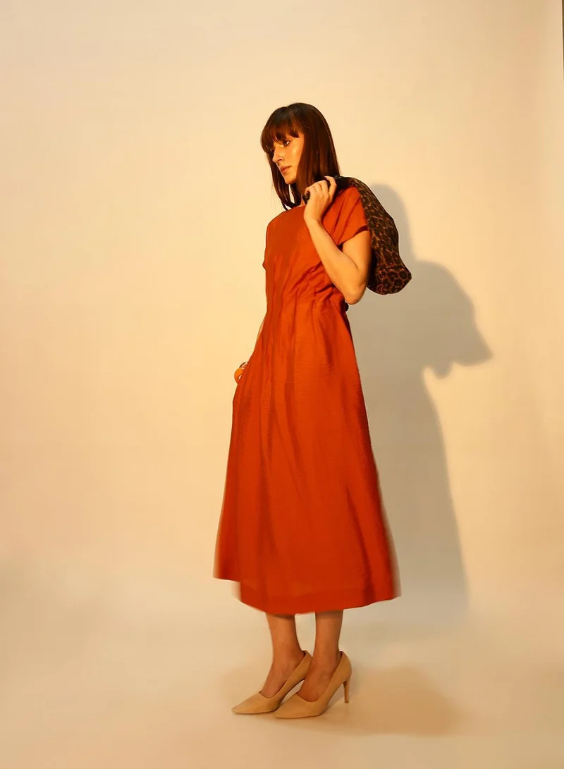 دينيس لينغو Gold Flame Viscose Blend Solid Print Midi A-Line Regular Fit Dress For Women