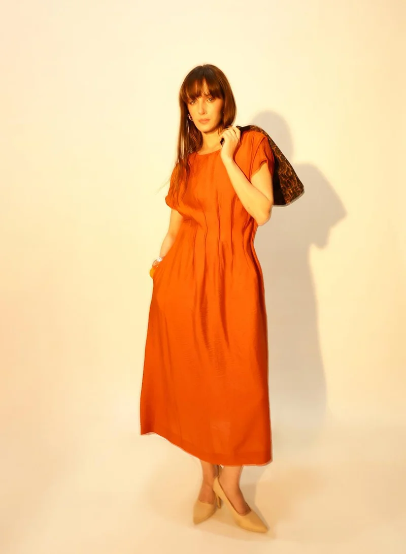 دينيس لينغو Gold Flame Viscose Blend Solid Print Midi A-Line Regular Fit Dress For Women