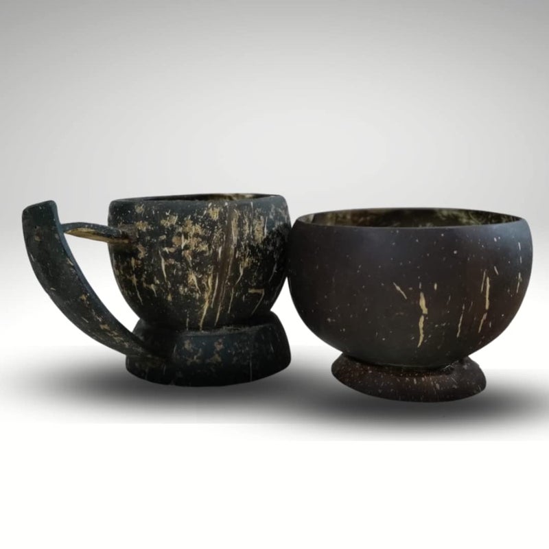 KARBONIK21 Cuppie + bowlie (Set of 2) | Coconut Shell Cups & Bowls | Eco-Friendly Cup & Bowl | 2 Set of Cup + Bowl (Natural one Size & Large) - Image 1