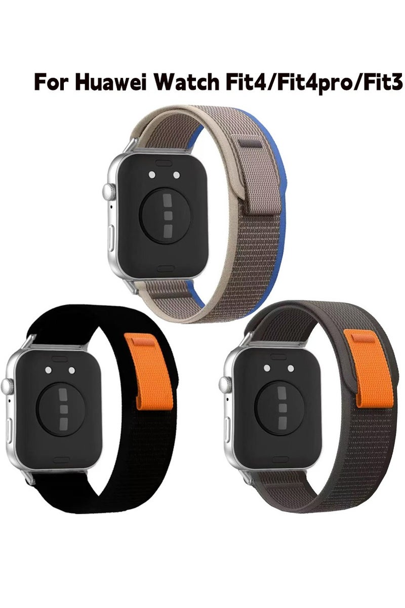 DKNG 3PCS Nylon Braided Strap for Huawei Watch Fit4/Fit4pro/Fit3 Alpine Ring Nylon Braided Ring Replacement Strap, Compatible with Huawei Watch Fit4/Fit4pro/Fit3 Strap Black/Black with Grey/Blue with Grey