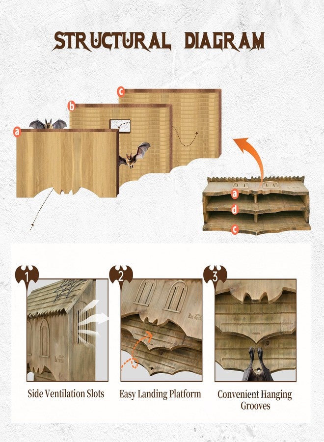 Capruzad Wooden Castle Bat House with Gatehouse/Tower/Curtain Wall Design, Large Ventilated 2/3 Chamber Bat Box, Ideal for Outdoor Bat Attraction, Easy to Hang (Brown, Curtain Wall - 2 Chamber) - Image 4