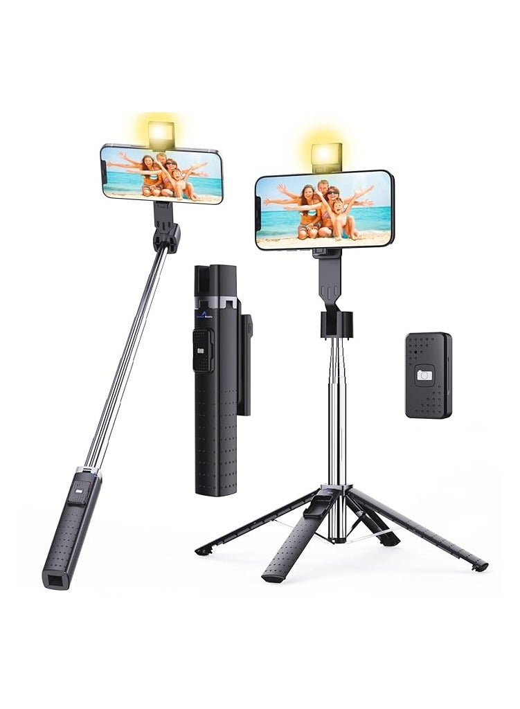 Lighted Selfie Stick Stand Lightweight 7oz Wireless Bluetooth Remote Patented Ultra Stable 4 Legs 3 Onboard Light Modes Compatible with iPhone And Android Black