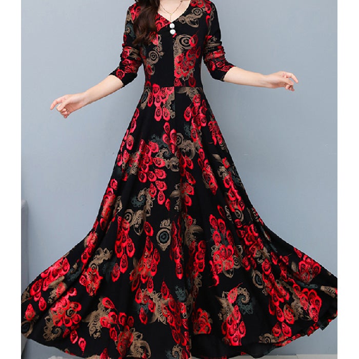 Composite Velvet fleece-lined Thickened Pocket dress Womens Autumn and Winter Western Style Middle-aged and Elderly Long Fashion Skirt red flower
