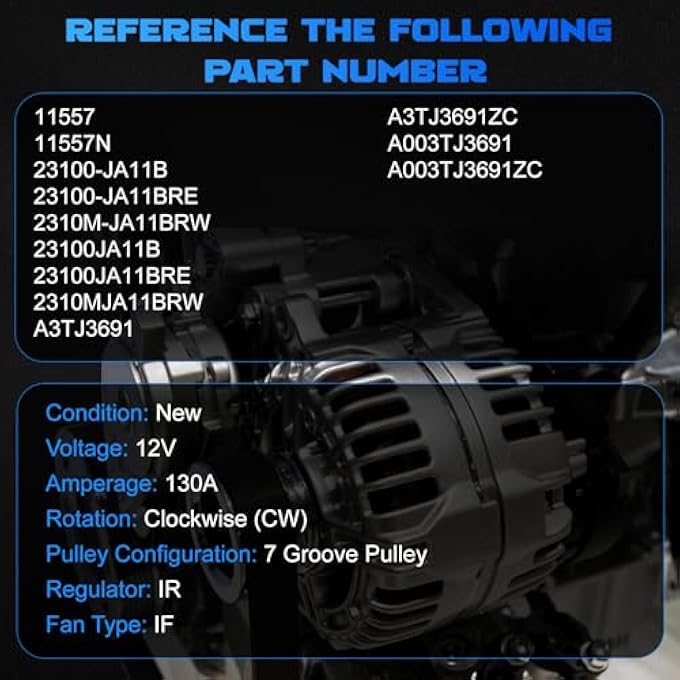 YOMALL Alternator 11557 for 2011-2018 Altima 3.5L for Maxima 2011-2014 2016-2018 3.5L for 2017-2018 Murano 3.5L Vehicle Replacement Alternator 130A 7PK 11557N 23100-JA11B 23100-JA11BRE A3TJ3691 - Image 3