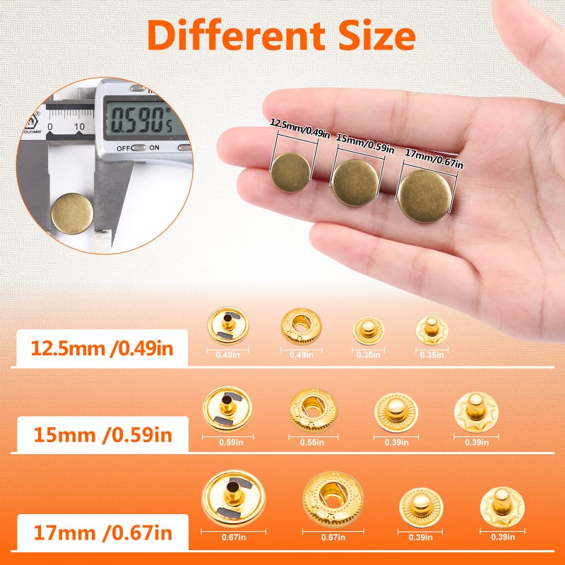 Alritz 120 Sets Leather Snap Fasteners Kit with Hammer Puncher, 12.5mm Metal Button Snaps Press Studs with 4 Setter Tools for Clothes, Jackets, Jeans Wears, Bracelets, Bags - Image 5