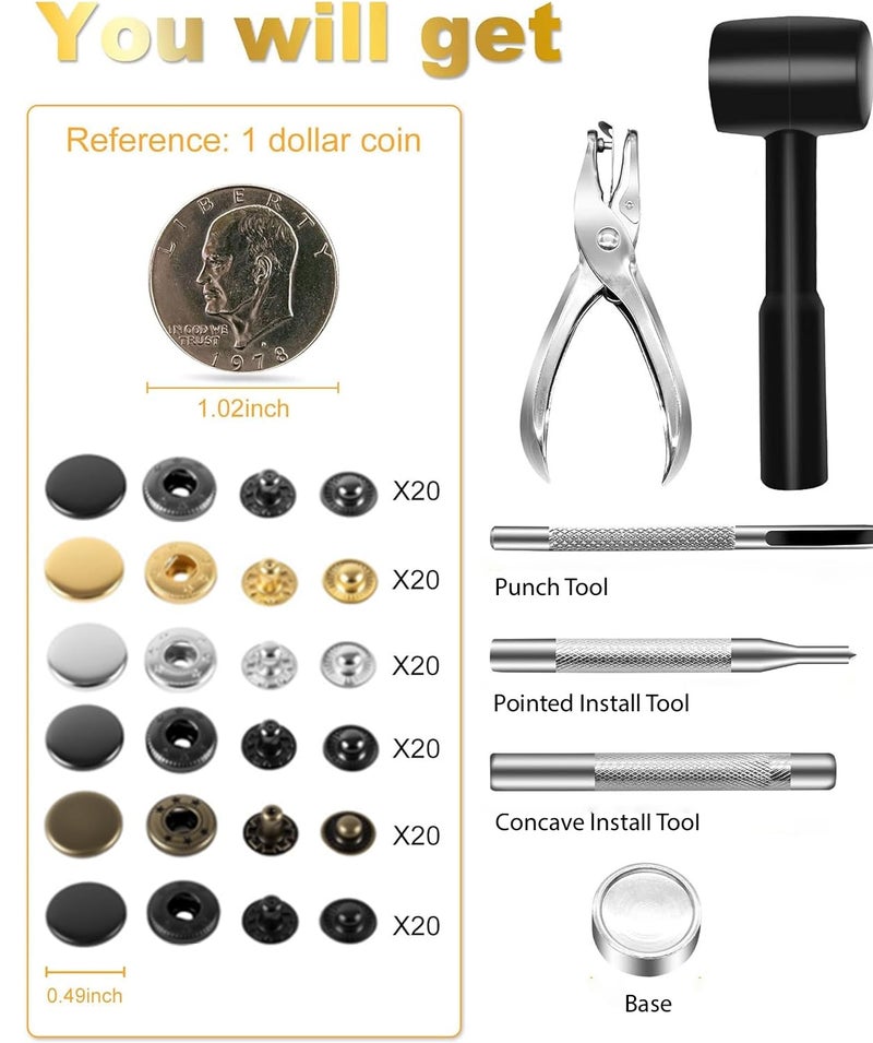Alritz 120 Sets Leather Snap Fasteners Kit with Hammer Puncher, 12.5mm Metal Button Snaps Press Studs with 4 Setter Tools for Clothes, Jackets, Jeans Wears, Bracelets, Bags - Image 3