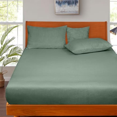 ROYALE LINENS 300 Thread Count 100% Long Staple Combed Cotton Fitted Sheet Queen - Super Soft Deep Pocket Bottom Sheet - Fitted Sheets Only - Elastic Sheets (Queen, Sage Green) - Image 5
