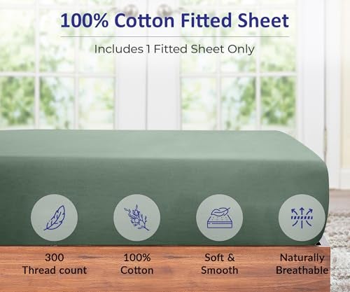 ROYALE LINENS 300 Thread Count 100% Long Staple Combed Cotton Fitted Sheet Queen - Super Soft Deep Pocket Bottom Sheet - Fitted Sheets Only - Elastic Sheets (Queen, Sage Green) - Image 3