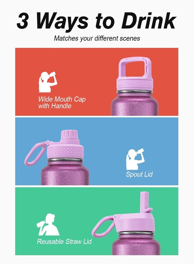 Coolflask Water Bottle 40 oz Insulated with Straw, Stainless Steel Metal 3 Lids Water Flask for Sports or Office, Keep Cold 48H Hot 24H, Glitter Pink - Image 5