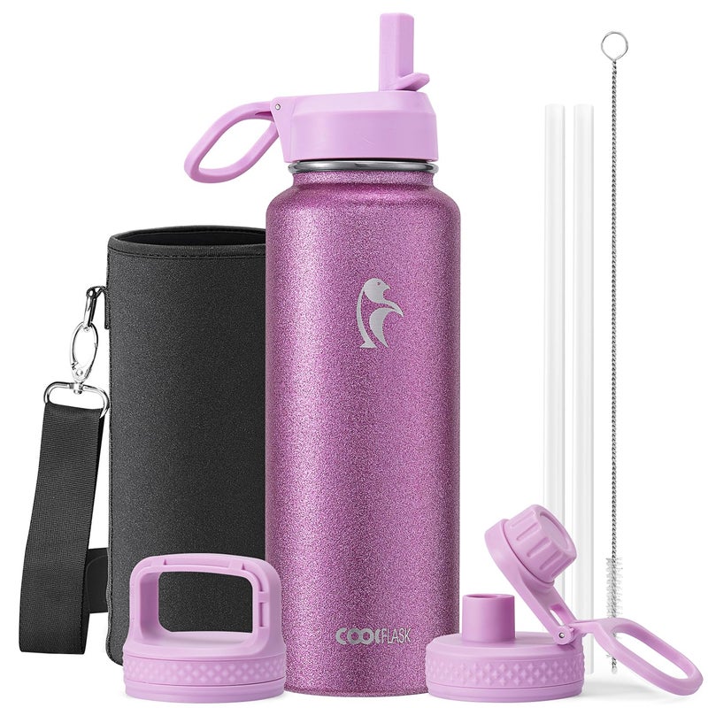 Coolflask Water Bottle 40 oz Insulated with Straw, Stainless Steel Metal 3 Lids Water Flask for Sports or Office, Keep Cold 48H Hot 24H, Glitter Pink - Image 1