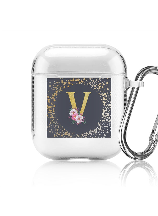 Stylizedd Classic Clear printed Case for Apple Airpods 2 / 1 Soft TPU Gel Thin Transparent Flexible Cover - Custom Monogram Initial Letter Floral Pattern Alphabet - V (Grey ) - Image 1