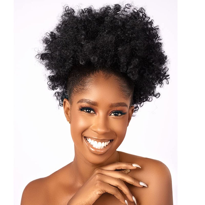 CECINILL Afro Puff kinky curly Drawstring Ponytail Extension for Women Synthetic Short Afro Kinkys Curly Afro Bun Extension Hairpieces Updo Hair Extensions with Two Clips(1B) - Image 1