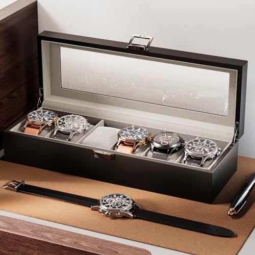 ProCase Wooden Watch Box for Men, 6 Slot Watch Display Case Mens Watch Box Organizer, Wood Watch Case for Men Watch Storage, Father's Day Gift Watch Holder Organizer with Glass Lid -MatteBlack - Image 3